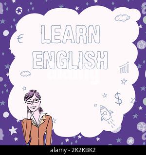 Écriture affichage du texte apprendre l'anglais. Approche d'affaires langage universel communication facile et compréhension Illustration de la pensée de Dame profondément seule pour de nouvelles idées tactiques étonnantes. Banque D'Images