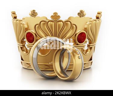 Concept de mariage royal avec couronne et anneaux de mariage. 3D illustration Banque D'Images