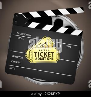 Billets de parappboard et de cinéma sur des bobines de film. 3D illustration Banque D'Images