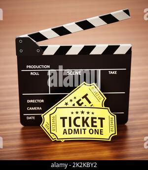 Billets de parappboard et de cinéma sur une surface en bois. 3D illustration Banque D'Images
