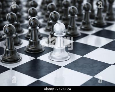 Pion d'échecs blanc debout sur une place devant les pièces d'échecs noires. 3D illustration Banque D'Images