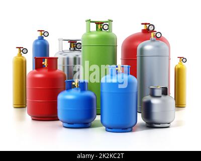 Bouteilles de gaz multicolores isolées sur fond blanc. 3D illustration Banque D'Images