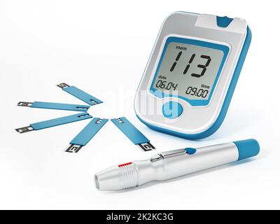 Glucomètre avec bandelettes isolées sur fond blanc. 3D illustration Banque D'Images