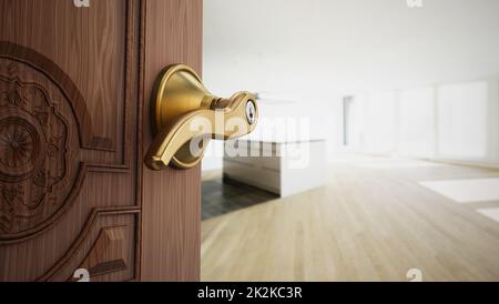 Porte d'appartement à moitié ouverte donnant sur la chambre vide. 3D illustration Banque D'Images