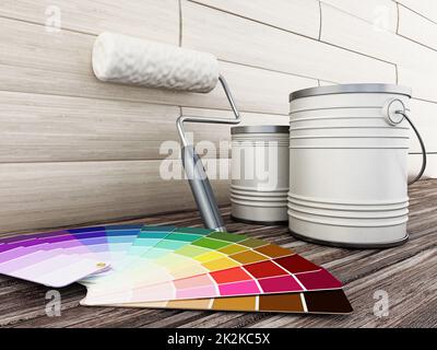 Canettes, rouleur et cartela de peinture debout sur un vieux plancher en bois. 3D illustration Banque D'Images