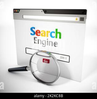 Loupe sur le site Web de Search Engine fictif. 3D illustration Banque D'Images