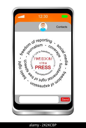 Smartphone avec Freedom of the Press wordcloud - illustration 3D Banque D'Images