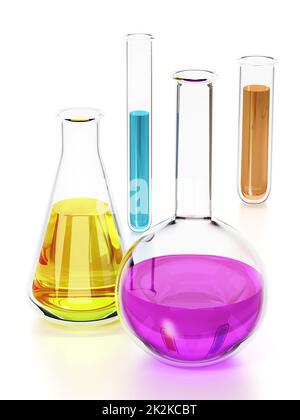 Tubes de laboratoire avec liquides colorés isolés sur fond blanc. 3D illustration Banque D'Images