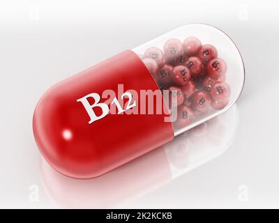 Pilule de vitamine B12 avec de petites sphères isolées sur fond blanc. 3D illustration Banque D'Images