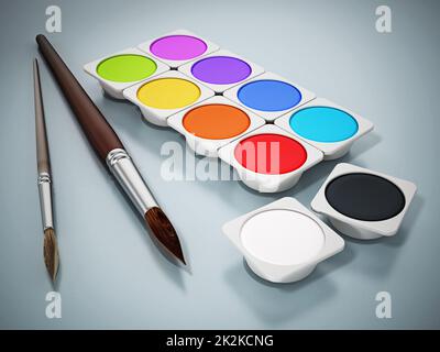 Peintures à l'aquarelle et pinceaux isolés sur fond blanc. 3D illustration Banque D'Images
