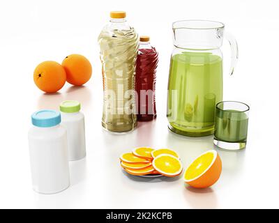 Detox concept avec des bouteilles de jus frais, des pilules et des fruits. 3D illustration Banque D'Images