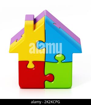 Pièces de puzzle reliées les unes aux autres formant une maison. 3D illustration Banque D'Images