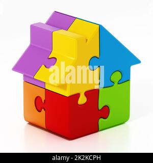 Pièces de puzzle reliées les unes aux autres formant une maison. 3D illustration Banque D'Images