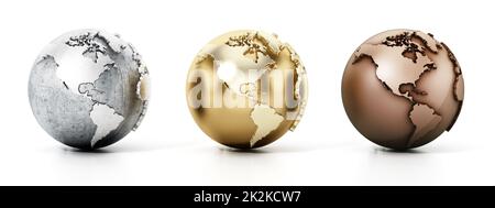 Globes d'argent, d'or et de bronze isolés sur fond blanc. 3D illustration Banque D'Images