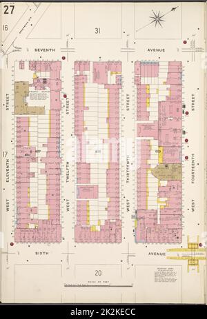 Cartographie, cartes. 1884 - 1936. Lionel Pincus et Princess Firyal Map Division. Assurance incendie , New York (État), immobilier , New York (État), Villes et villages , New York (État) Manhattan, V. 3, plaque no 27 carte délimitée par 7th Ave., W. 14th St., 6th Ave., W. 11th St. Banque D'Images