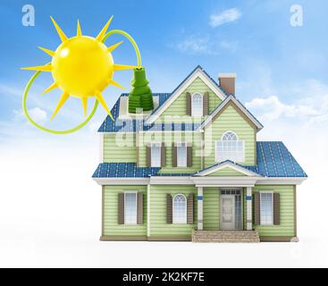 Maison de luxe couverte de panneaux solaires collutant sunbeam. 3D illustration Banque D'Images