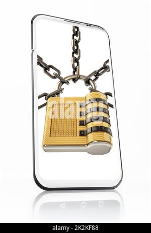Cadenas et chaîne sur l'écran du smartphone. 3D illustration Banque D'Images