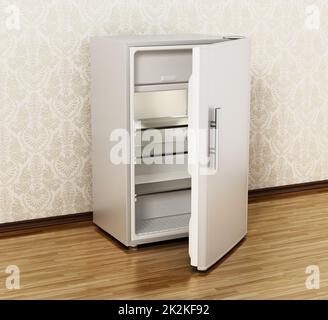 Petit réfrigérateur de l'hôtel sur parquet. 3D illustration Banque D'Images