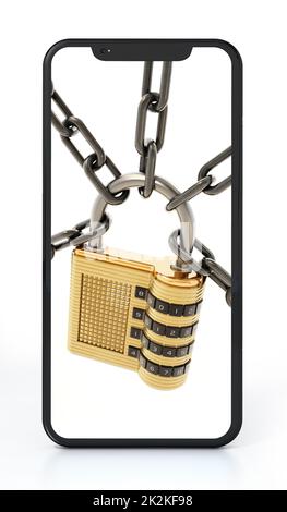Cadenas et chaîne sur l'écran du smartphone. 3D illustration Banque D'Images