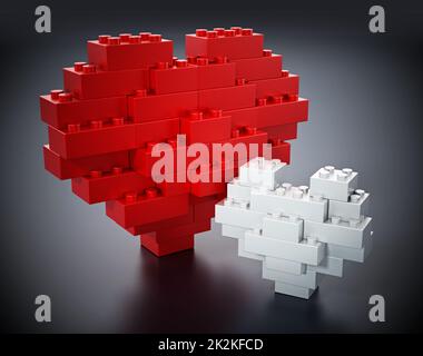 Blocs de construction rouges et blancs formant de grandes et petites formes de coeur. 3D illustration Banque D'Images