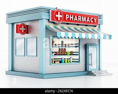 Bâtiment de pharmacie isolé sur fond blanc. 3D illustration Banque D'Images