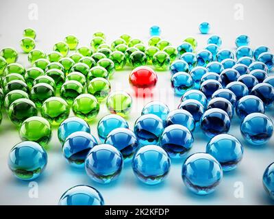 Sphère rouge brillante se tenant au milieu des sphères verte et bleue. 3D illustration Banque D'Images