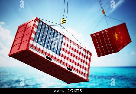 Le concept de la guerre commerciale avec des conteneurs de marchandises texturés drapeau américain et chinois qui s'affronte. 3D illustration Banque D'Images
