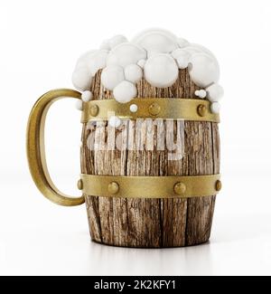 Tasse à bière en bois isolée sur fond blanc. 3D illustration Banque D'Images