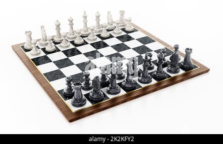 Échiquier avec pièces d'échecs noir et blanc isolées sur fond blanc. 3D illustration Banque D'Images