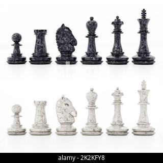 Pièces d'échecs blanches et noires isolées sur fond blanc. 3D illustration Banque D'Images
