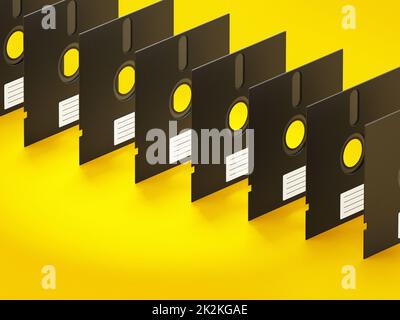 disquettes 5,25 pouces isolées sur fond jaune. 3D illustration Banque D'Images