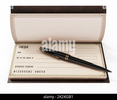Carnet de chèques et stylo à encre isolés sur fond blanc. 3D illustration Banque D'Images