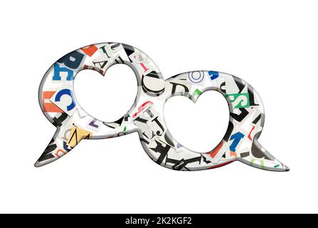 Paire de bulles de parole avec des coeurs et des lettres isolés sur fond blanc Banque D'Images