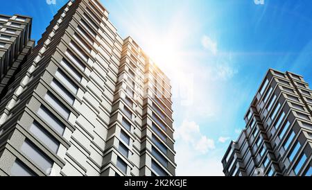 Bâtiments modernes dans un ciel bleu. 3D illustration Banque D'Images