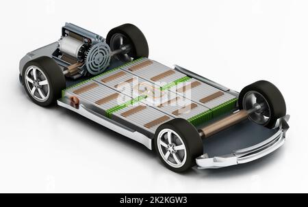 Châssis de voiture électrique fictif avec moteur électrique et batteries. 3D illustration Banque D'Images