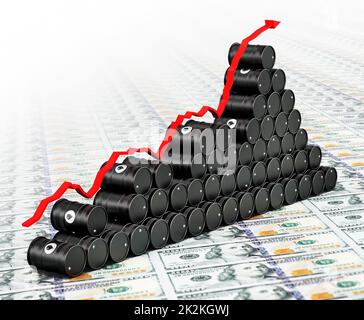 Le pétrole brut s'est posé sur des billets en dollars. Concept de hausse des prix du pétrole. 3D illustration Banque D'Images