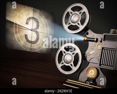 Le projecteur de cinéma vintage projette un écran de compte à rebours. 3D illustration Banque D'Images