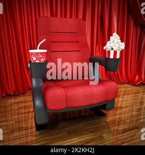 Chaise de cinéma debout sur scène devant le rideau. 3D illustration Banque D'Images