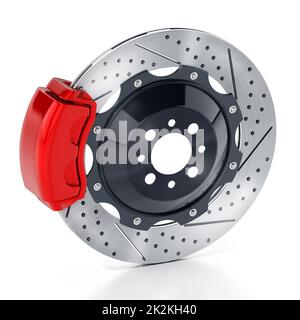 Disque de frein de performance et plaquette de frein rouge isolée sur fond blanc. 3D illustration Banque D'Images