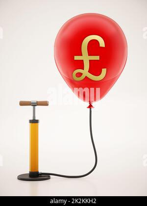Pompe manuelle connectée au ballonnet rouge gonflé avec l'icône Pound. 3D illustration Banque D'Images