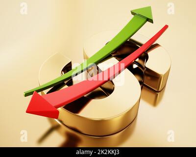 Flèches de statistiques montantes et décroissantes formant un signe de dollar avec la lettre S. 3D illustration Banque D'Images