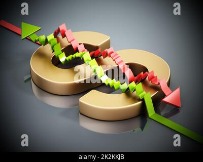 Flèches de statistiques montantes et décroissantes formant un signe de dollar avec la lettre S. 3D illustration Banque D'Images