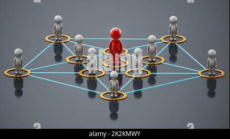 3D caractères simplistes liés les uns aux autres avec une figure rouge au centre. Concept de réseau d'entreprise. 3D illustration Banque D'Images