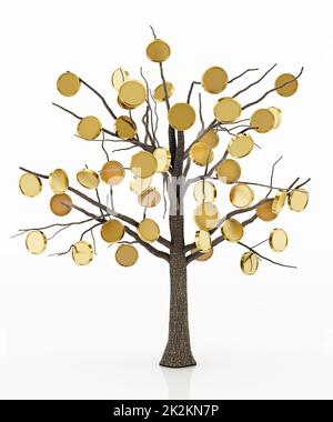 Arbre avec des pièces de monnaie dorées isolées sur fond blanc. 3D illustration Banque D'Images