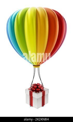Ballon d'air chaud coloré caryant blanc boîte cadeau enveloppée de ruban rouge. 3D illustration Banque D'Images