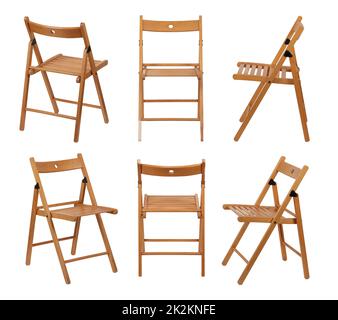 Six angles d'une chaise pliante en bois sur blanc avec passe-cheveux Banque D'Images