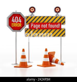 404 page web introuvable erreur panneau et cônes de trafic. 3D illustration Banque D'Images