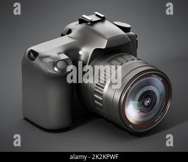Appareil photo reflex numérique professionnel sur fond sombre. 3D illustration Banque D'Images