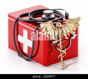 Boîte de médicaments, caduceus et stéthoscope isolés sur fond blanc. 3D illustration Banque D'Images