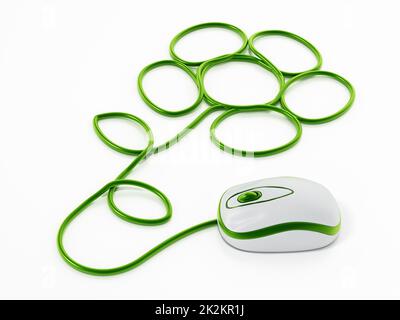 Souris connectée au câble formant une forme de fleur isolée sur fond blanc. 3D illustration Banque D'Images